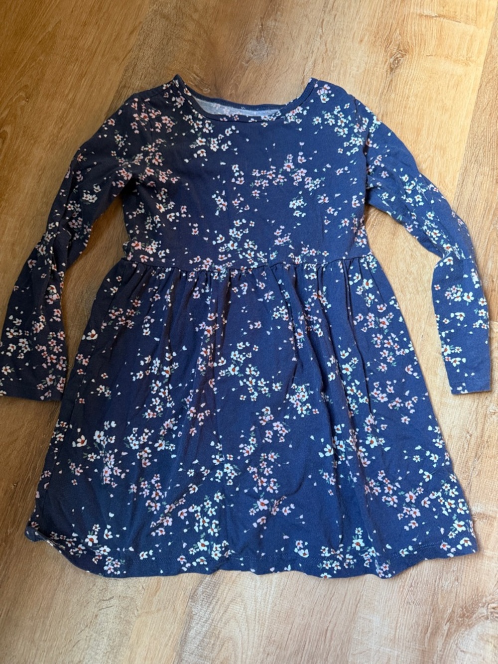 Carter's Navy Floral Long-Sleeve Casual Skater Dress with Pink & White Blossoms
